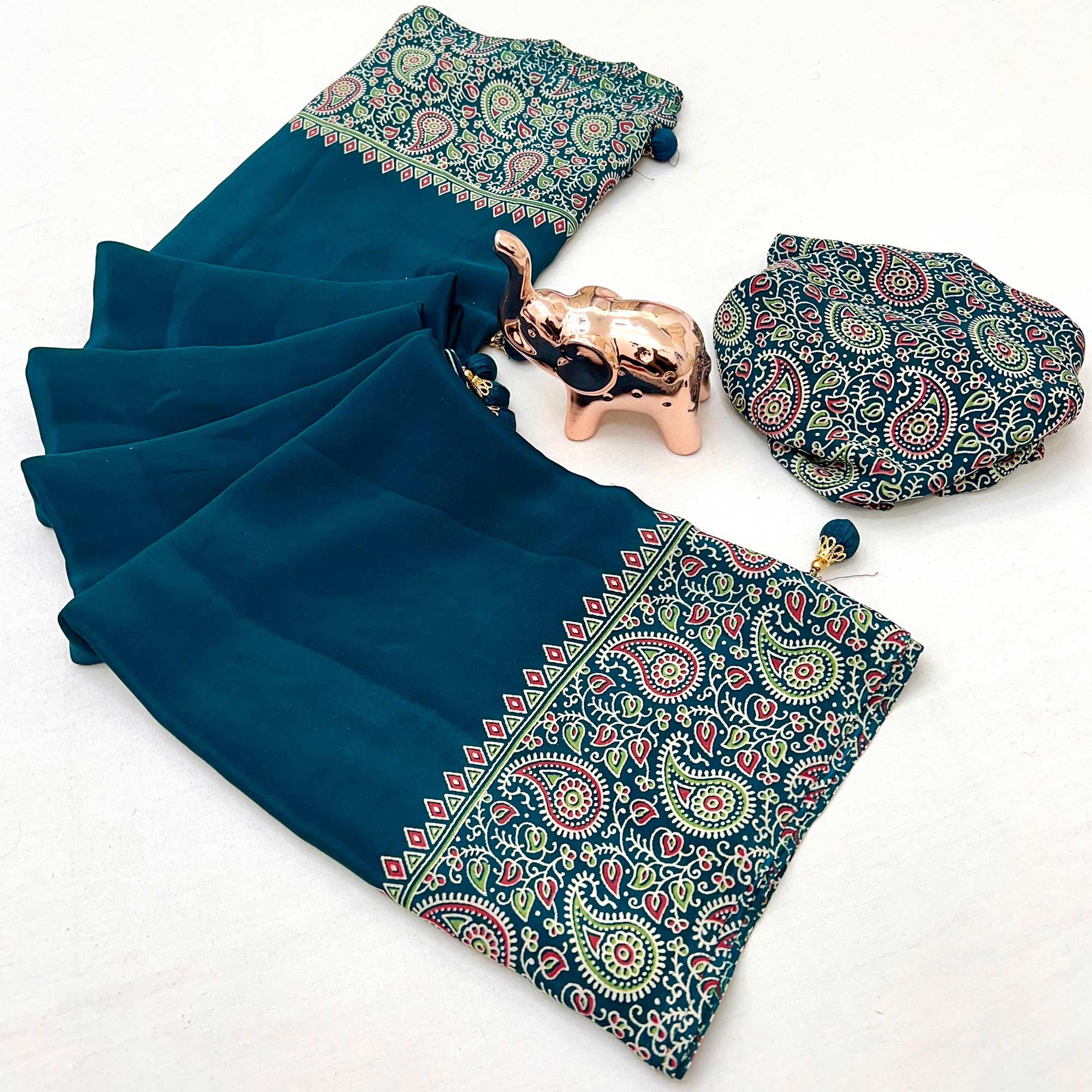 Dark Teal Blue Satin Saree In Ajrakh Floral Print With Tassel Adorned Pallu