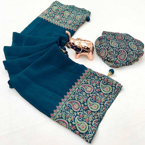 Dark Teal Blue Satin Saree In Ajrakh Floral Print With Tassel Adorned Pallu