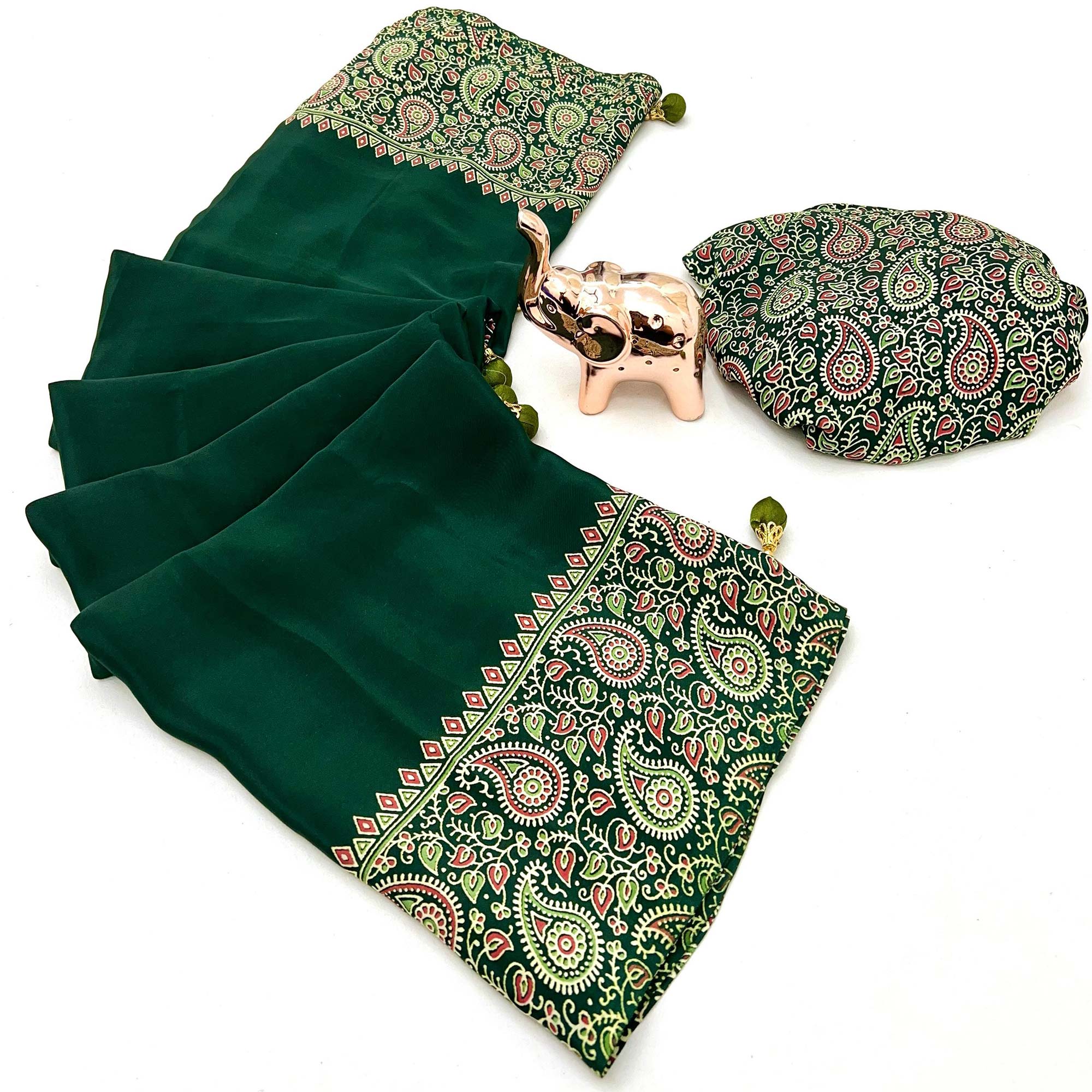 Green Satin Saree In Ajrakh Floral Print With Tassel Adorned Pallu