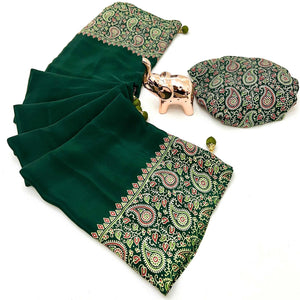 Green Satin Saree In Ajrakh Floral Print With Tassel Adorned Pallu