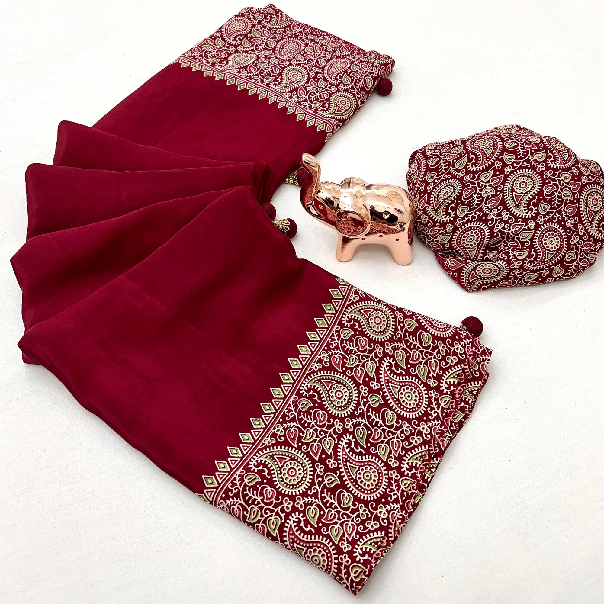 Maroon Satin Saree In Ajrakh Floral Print With Tassel Adorned Pallu