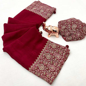 Maroon Satin Saree In Ajrakh Floral Print With Tassel Adorned Pallu