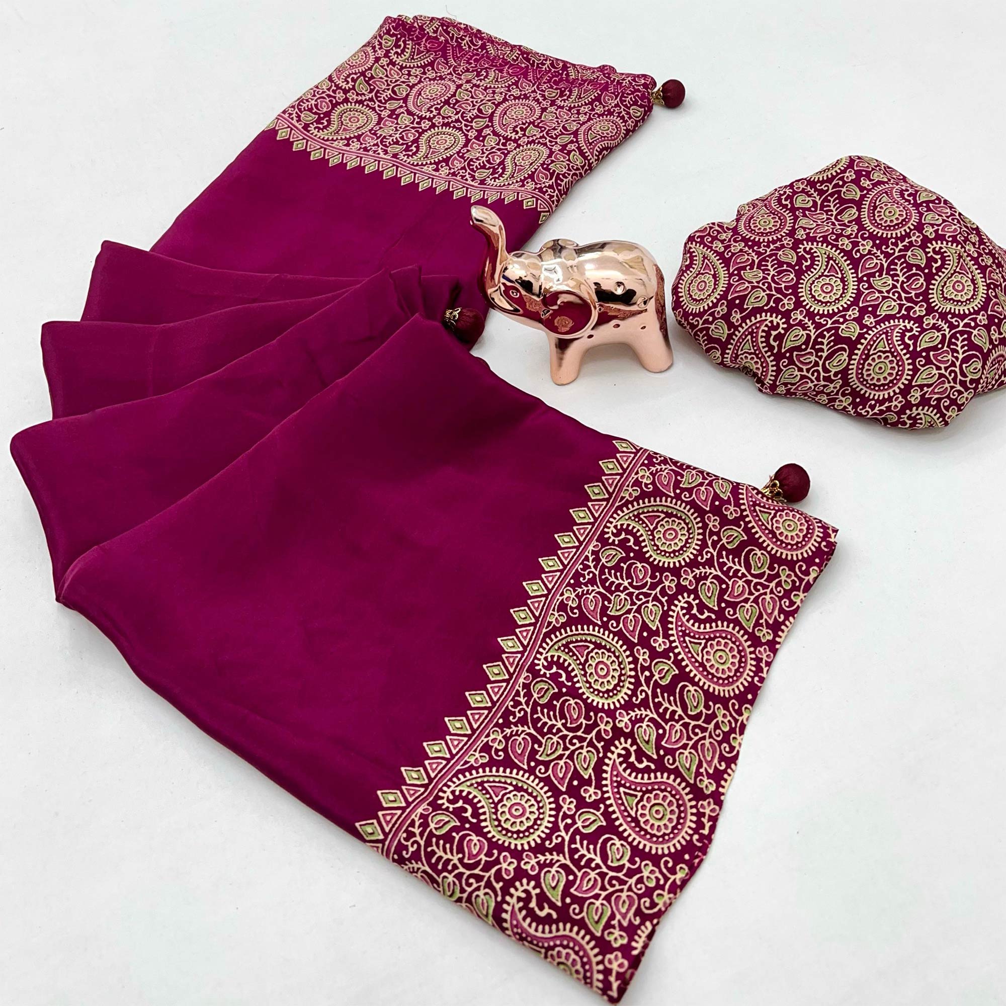 Pink Satin Saree In Ajrakh Floral Print With Tassel Adorned Pallu