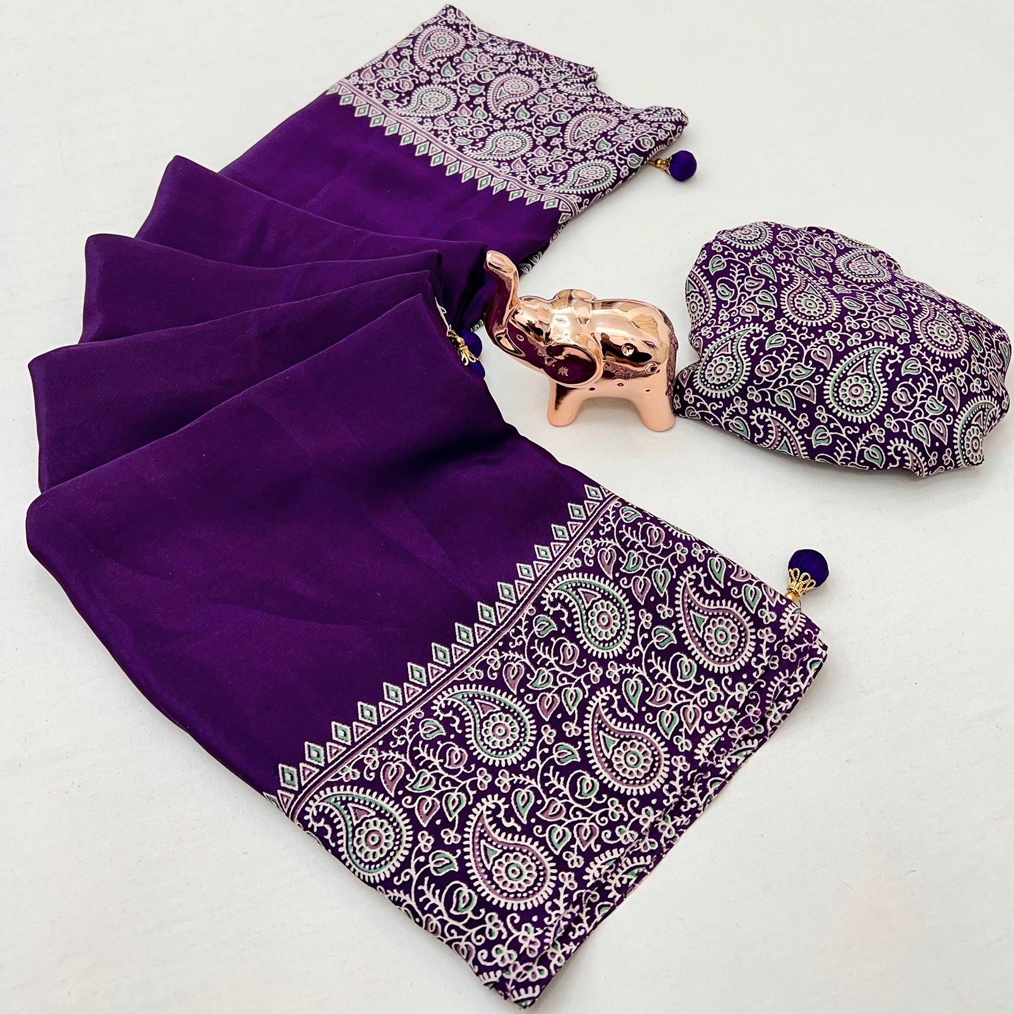 Purple Satin Saree In Ajrakh Floral Print With Tassel Adorned Pallu