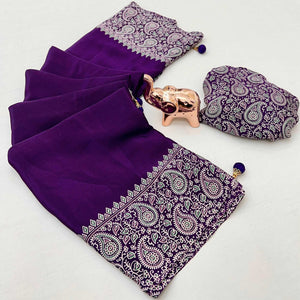 Purple Satin Saree In Ajrakh Floral Print With Tassel Adorned Pallu