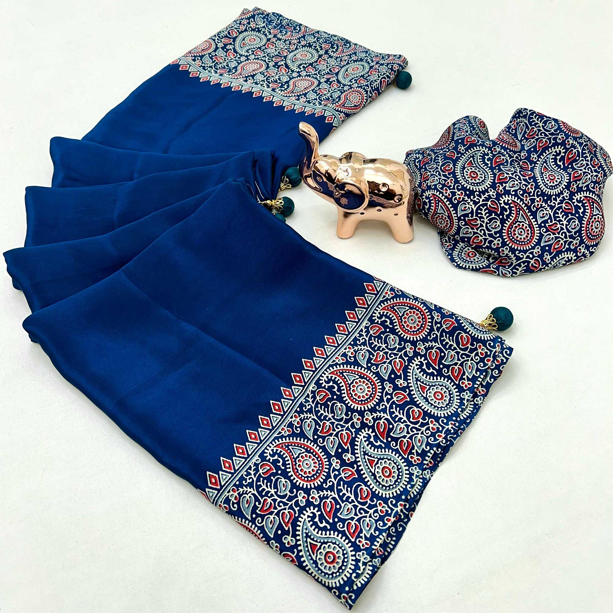 Royal Blue Satin Saree In Ajrakh Floral Print With Tassel Adorned Pallu
