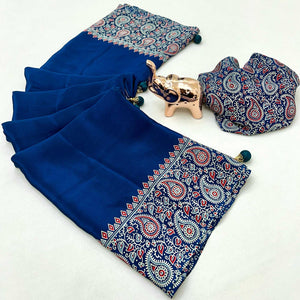 Royal Blue Satin Saree In Ajrakh Floral Print With Tassel Adorned Pallu