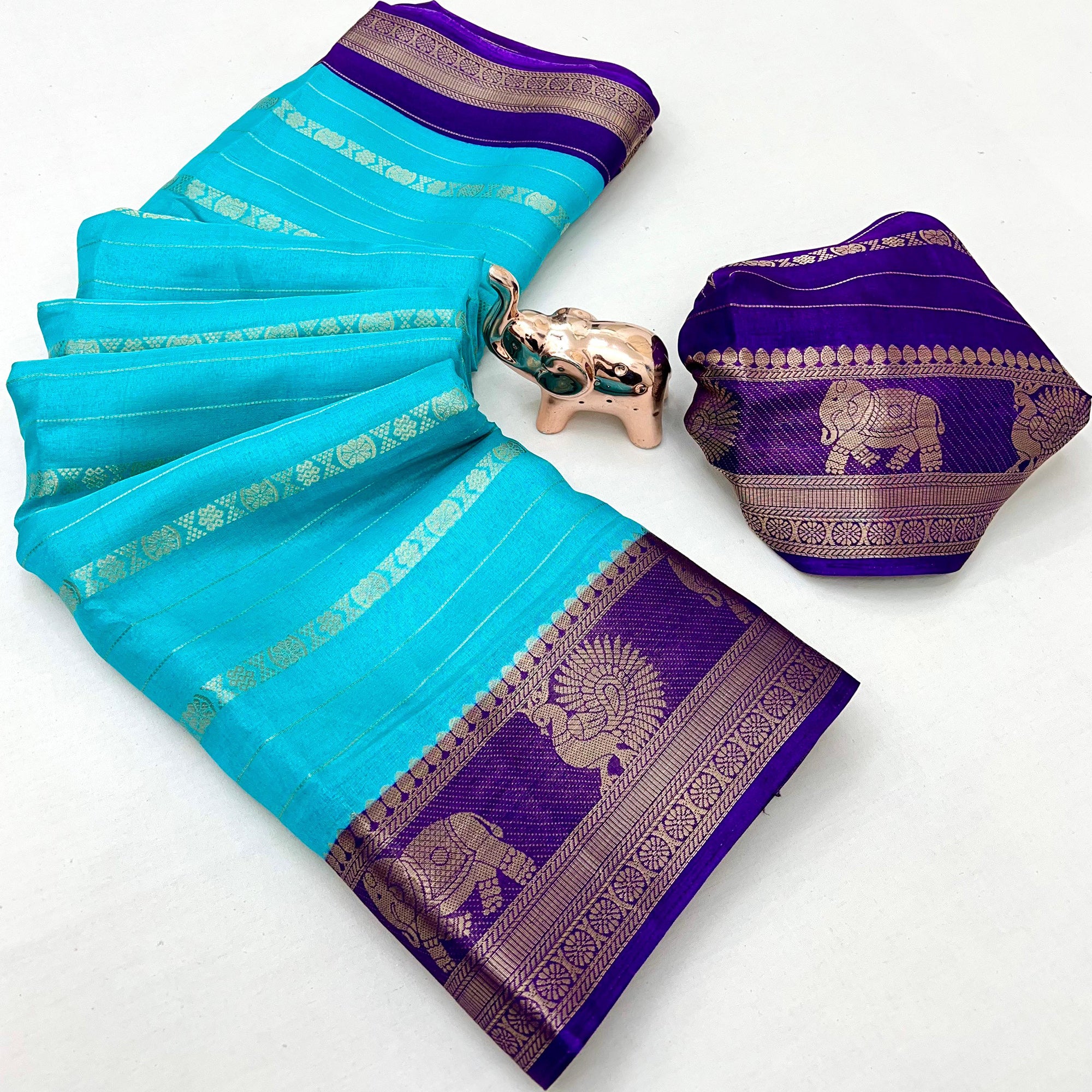 Aqua Blue Floral Weaving Mysore Silk Saree With Peacock Print Pallu & Two-Tone Padding Border Work