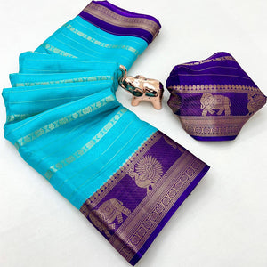 Aqua Blue Floral Weaving Mysore Silk Saree With Peacock Print Pallu & Two-Tone Padding Border Work