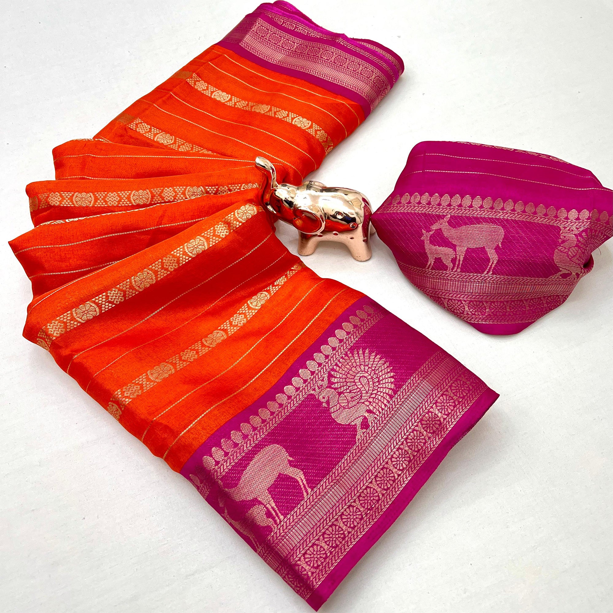 Orange Floral Weaving Mysore Silk Saree With Peacock Print Pallu & Two-Tone Padding Border Work
