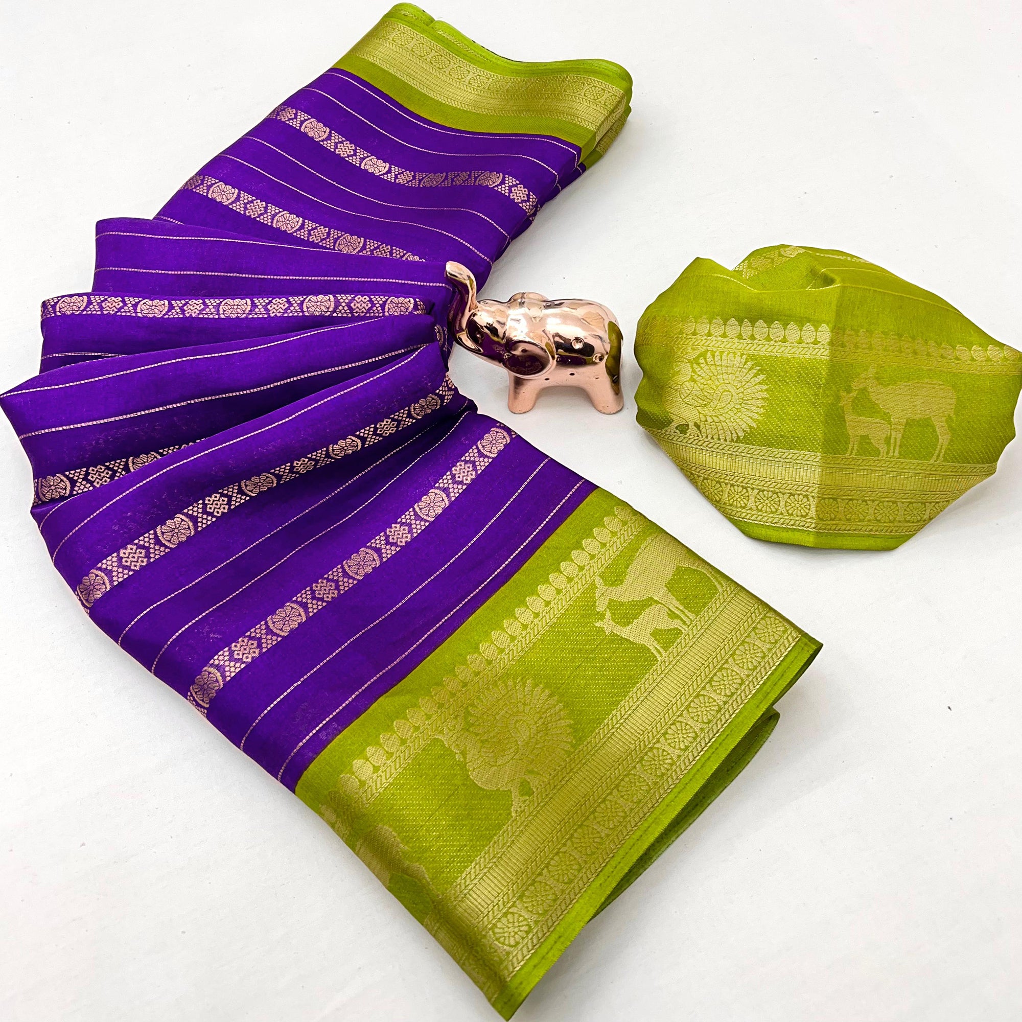 Purple Floral Weaving Mysore Silk Saree With Peacock Print Pallu & Two-Tone Padding Border Work