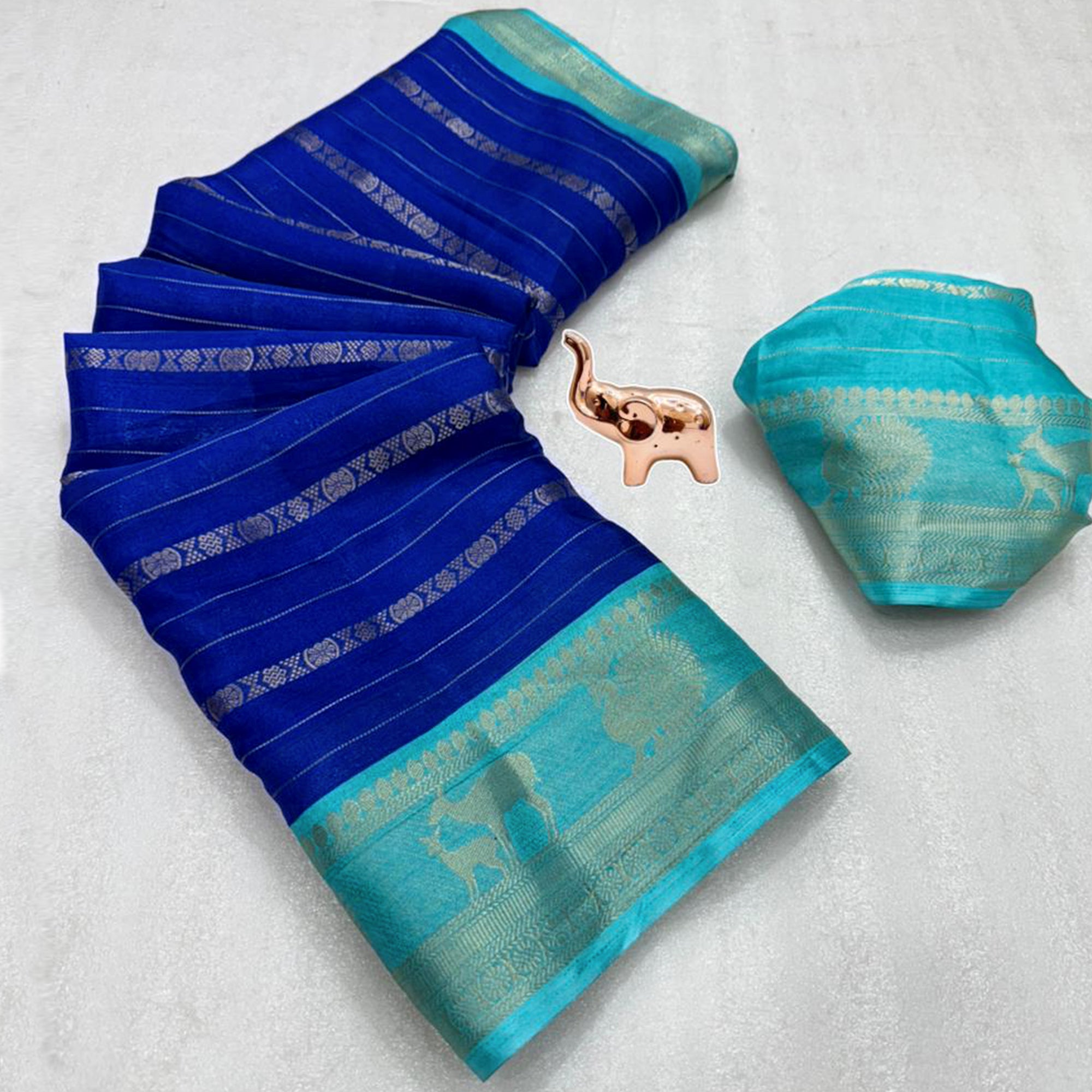 Royal Blue Floral Weaving Mysore Silk Saree With Peacock Print Pallu & Two-Tone Padding Border Work