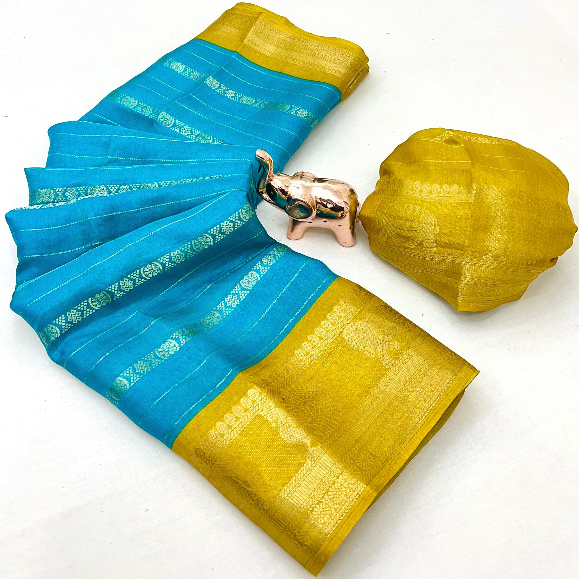 Turquoise Blue Floral Weaving Mysore Silk Saree With Peacock Print Pallu & Two-Tone Padding Border