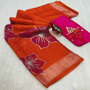 Vibrant Orange & Pink Floral Foil Printed Organza Saree With Designer Unstitched Blouse