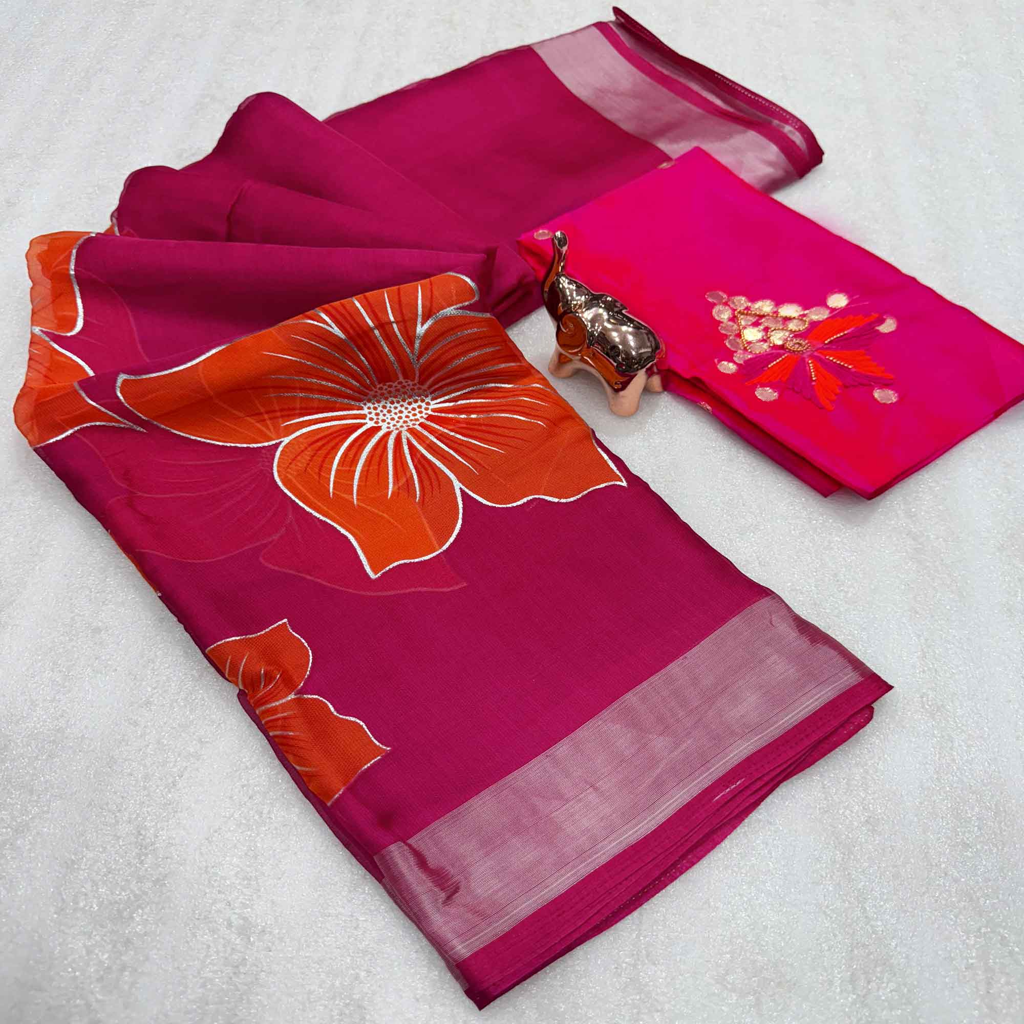 Vibrant Rani Pink & Orange Floral Foil Printed Organza Saree With Designer Unstitched Blouse