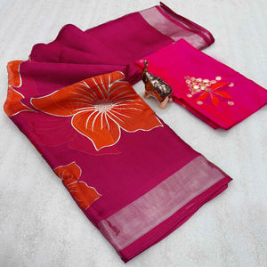 Vibrant Rani Pink & Orange Floral Foil Printed Organza Saree With Designer Unstitched Blouse