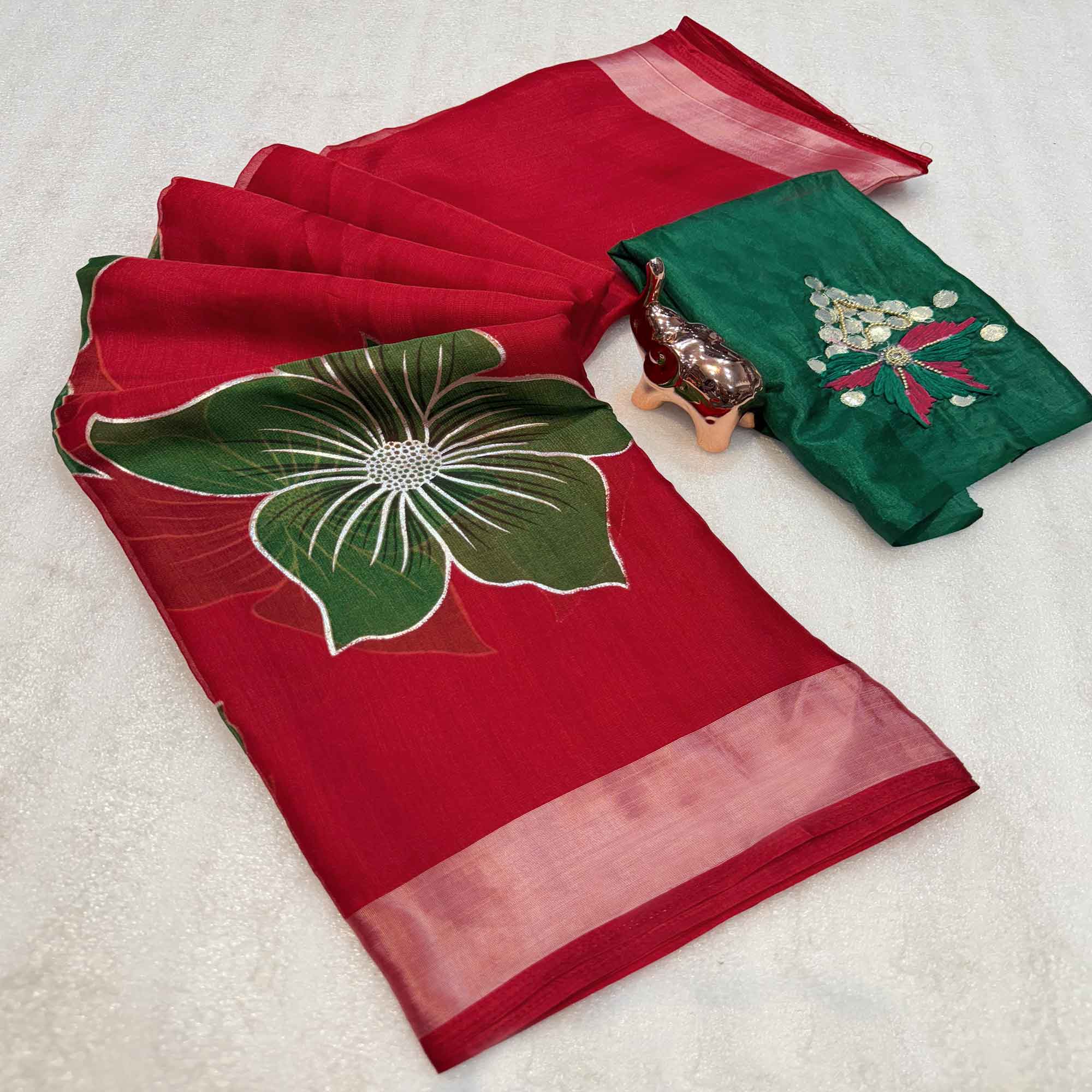 Vibrant Red & Green Floral Foil Printed Organza Saree With Designer Unstitched Blouse