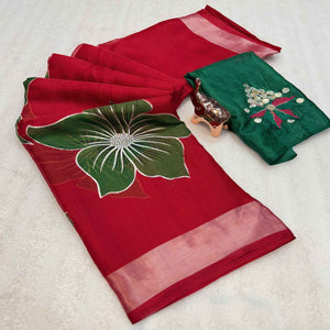 Vibrant Red & Green Floral Foil Printed Organza Saree With Designer Unstitched Blouse