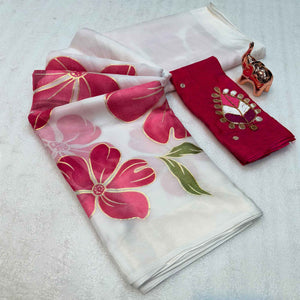 Vibrant White & Pink Floral Foil Printed Organza Saree With Designer Unstitched Blouse