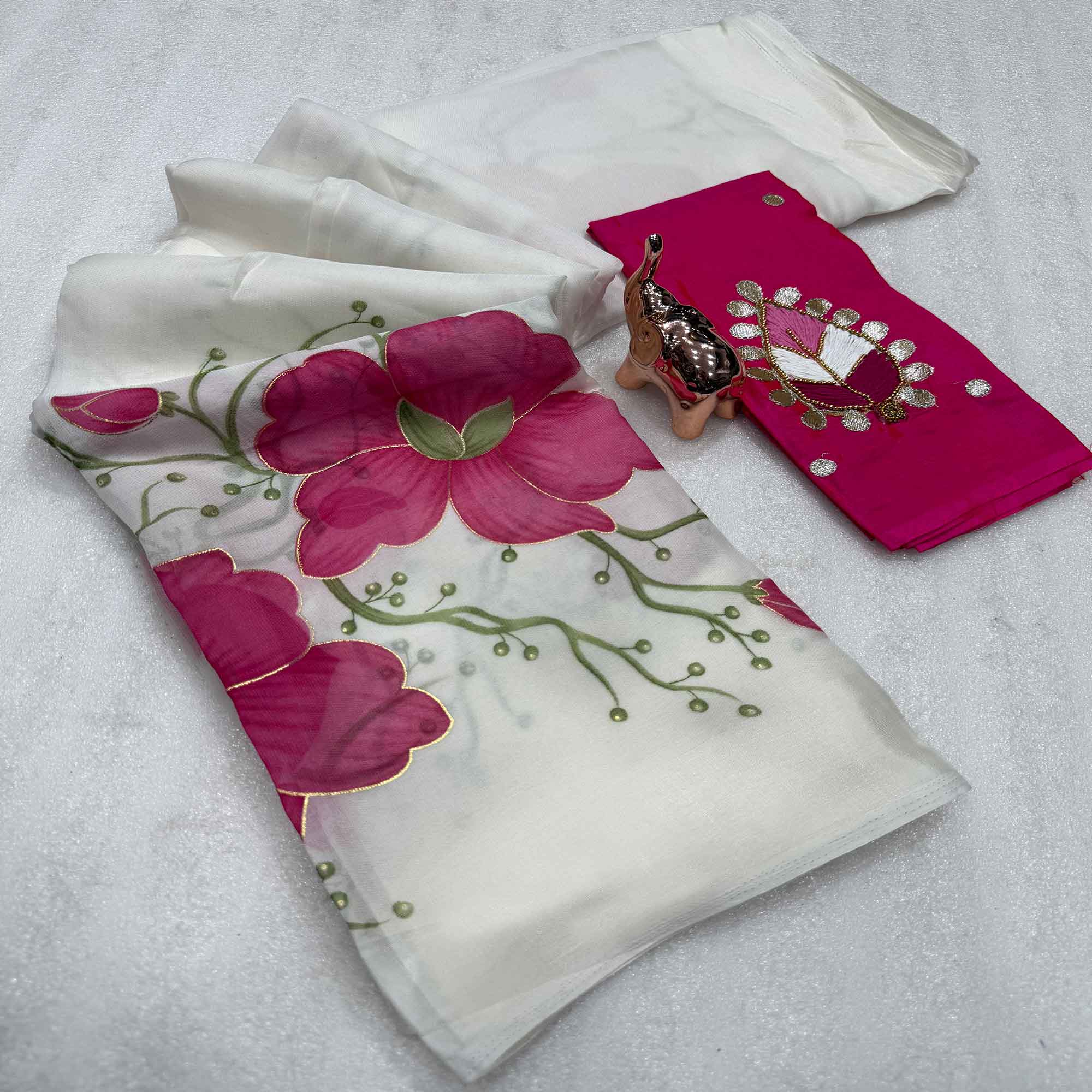 Vibrant White & Pink Floral Foil Printed Organza Saree With Designer Unstitched Blouse