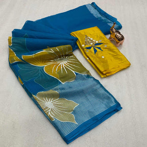 Blue and Yellow Organza Saree with Exquisite Floral Foil Motifs
