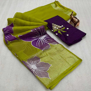 Green and Purple Organza Saree with Shimmering Floral Foil Accents