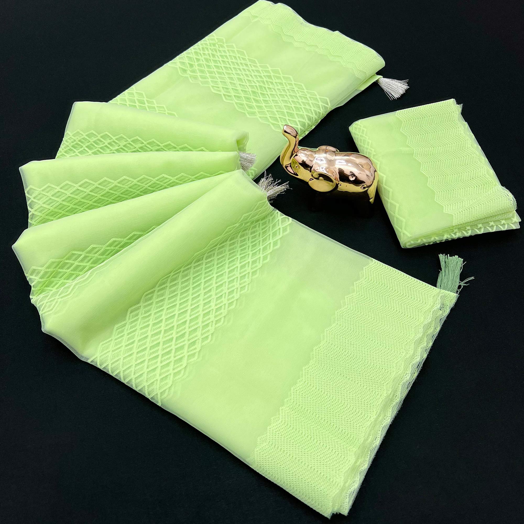 Green Woven Thread Work Net Saree With Tassels
