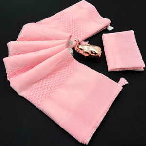 Pink Woven Thread Work Net Saree With Tassels