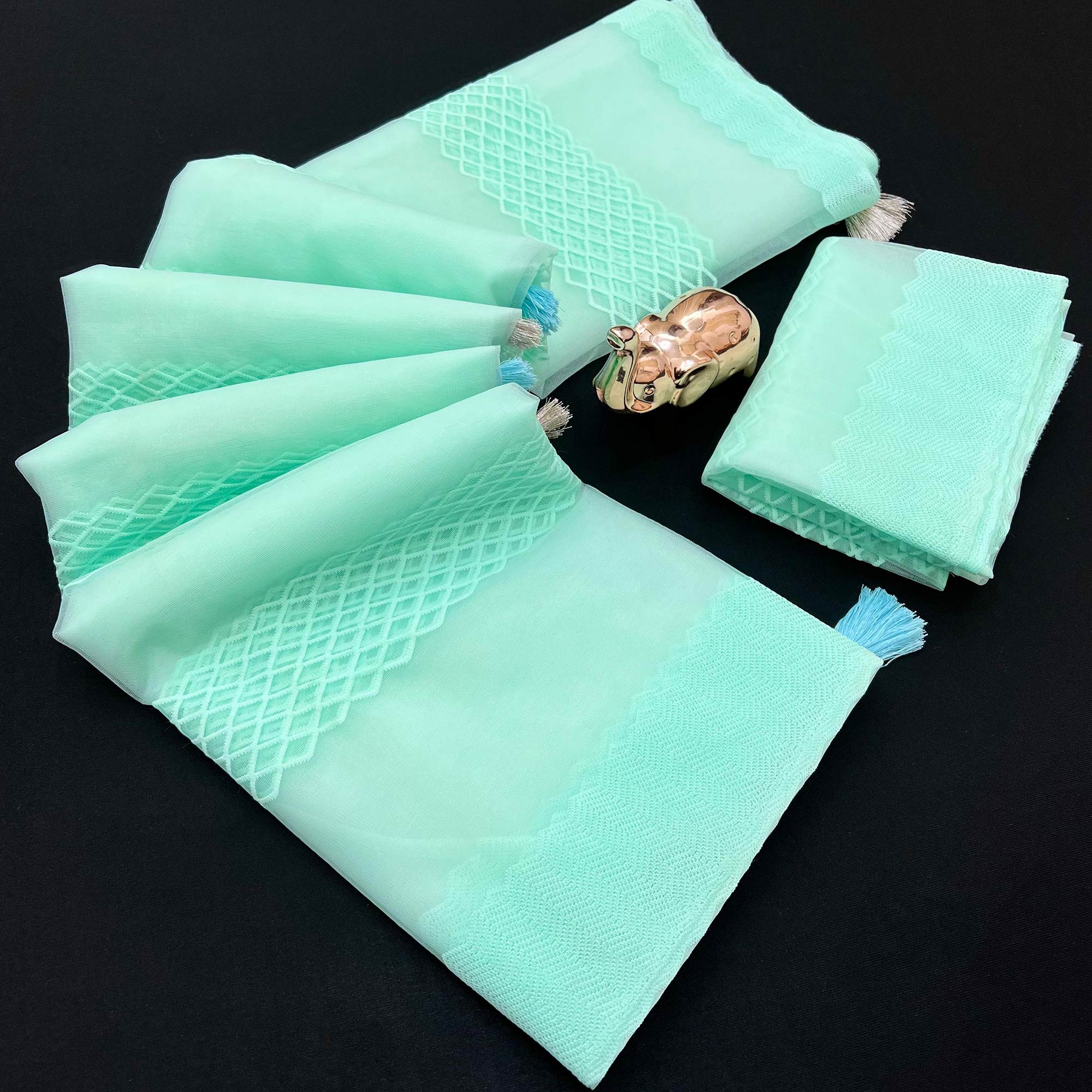 Turquoise Woven Thread Work Net Saree With Tassels