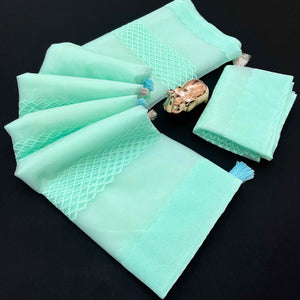 Turquoise Woven Thread Work Net Saree With Tassels