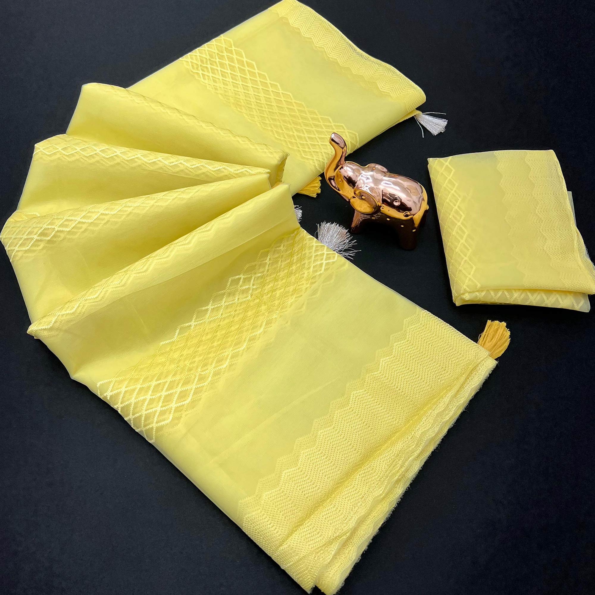 Yellow Woven Thread Work Net Saree With Tassels