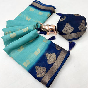 Elegant Blue Peacock Pattern Zari Weaving Georgette Saree With Tassel Pallu