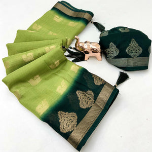 Elegant Green Peacock Pattern Zari Weaving Georgette Saree With Tassel Pallu