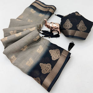 Elegant Grey Peacock Pattern Zari Weaving Georgette Saree With Tassel Pallu