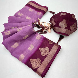 Elegant Purple Peacock Pattern Zari Weaving Georgette Saree With Tassel Pallu