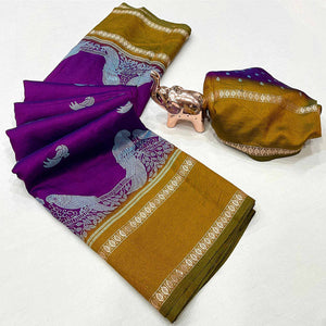 Silk Blend Saree in Deep Purple with Abstract Print and Intricate Woven Border