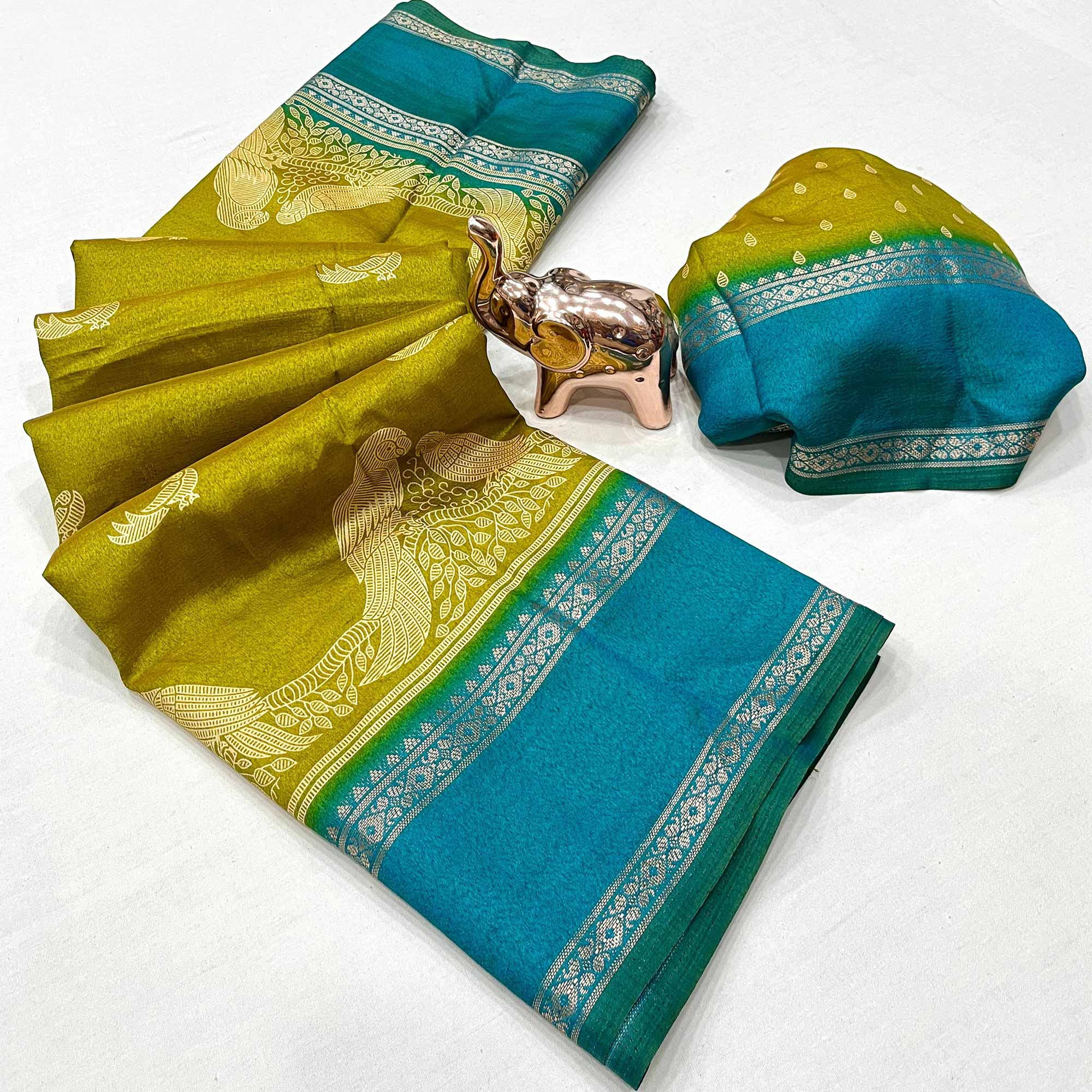 Silk Blend Saree in Mustard with Abstract Print and Intricate Woven Border