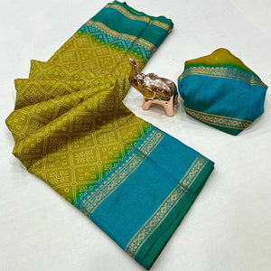 Silk Blend Saree in Mustard with Abstract Print and Intricate Woven Border