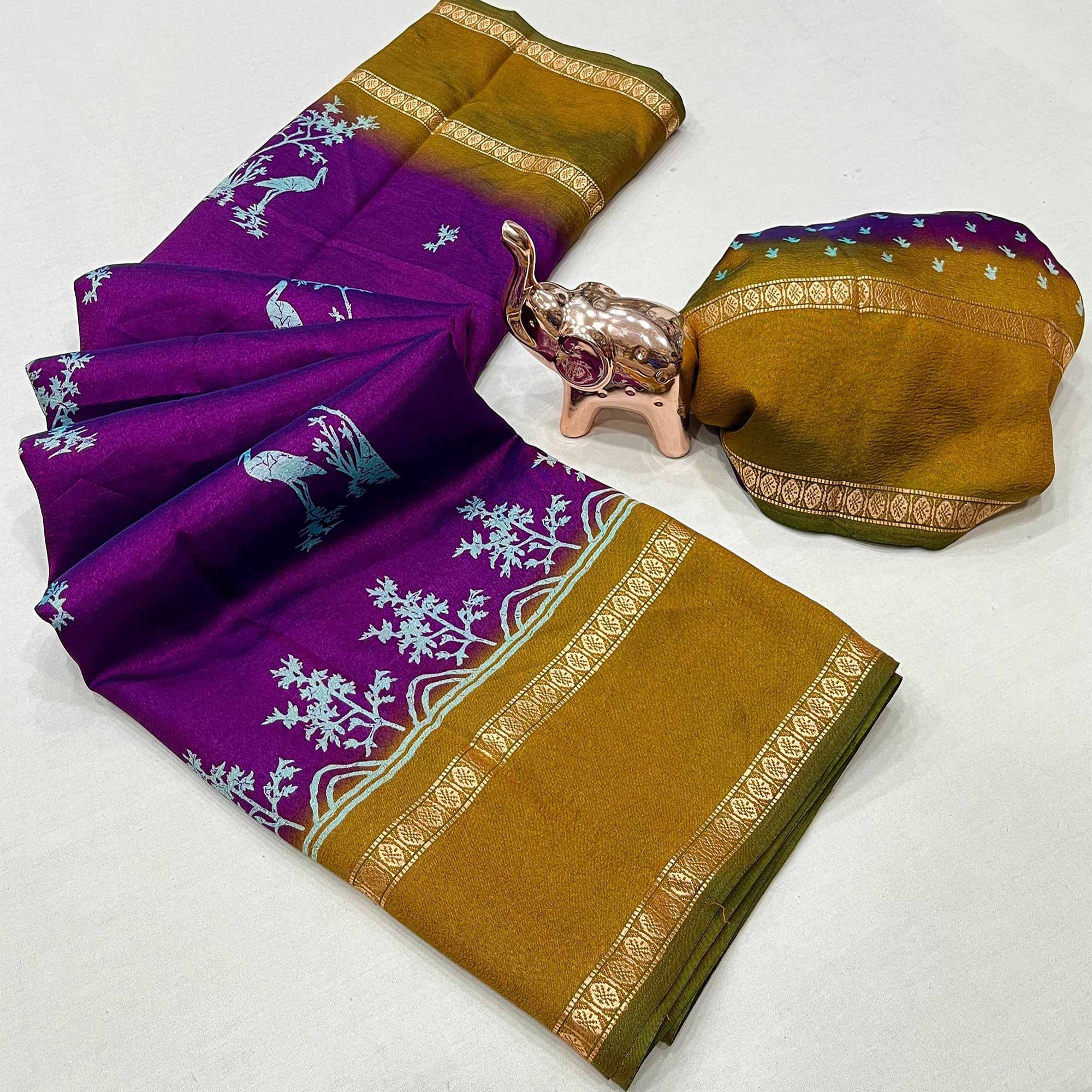 Silk Blend Saree in Purple with Abstract Print and Intricate Woven Border