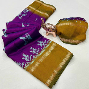 Silk Blend Saree in Purple with Abstract Print and Intricate Woven Border
