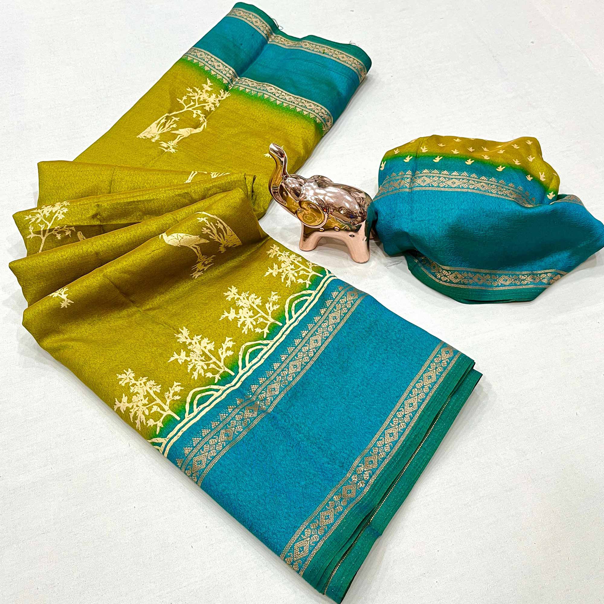 Silk Blend Saree in Yellow with Abstract Print and Intricate Woven Border