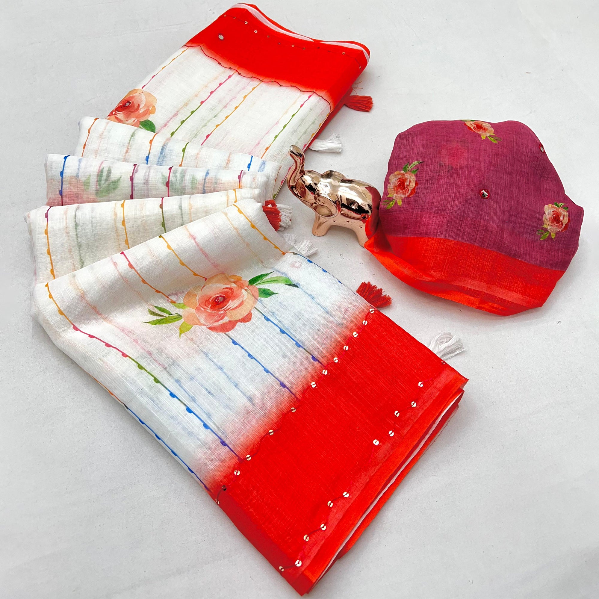 White and Red Digital Printed Linen Cotton Saree with Refined Artistic Detailing