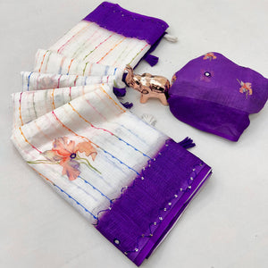 White and Violet Digital Printed Linen Cotton Saree with Refined Artistic Detailing