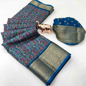 Blue Kashmiri Floral Printed Dola Silk Saree With Kalamkari Pallu & Rich Zari Weaving Border
