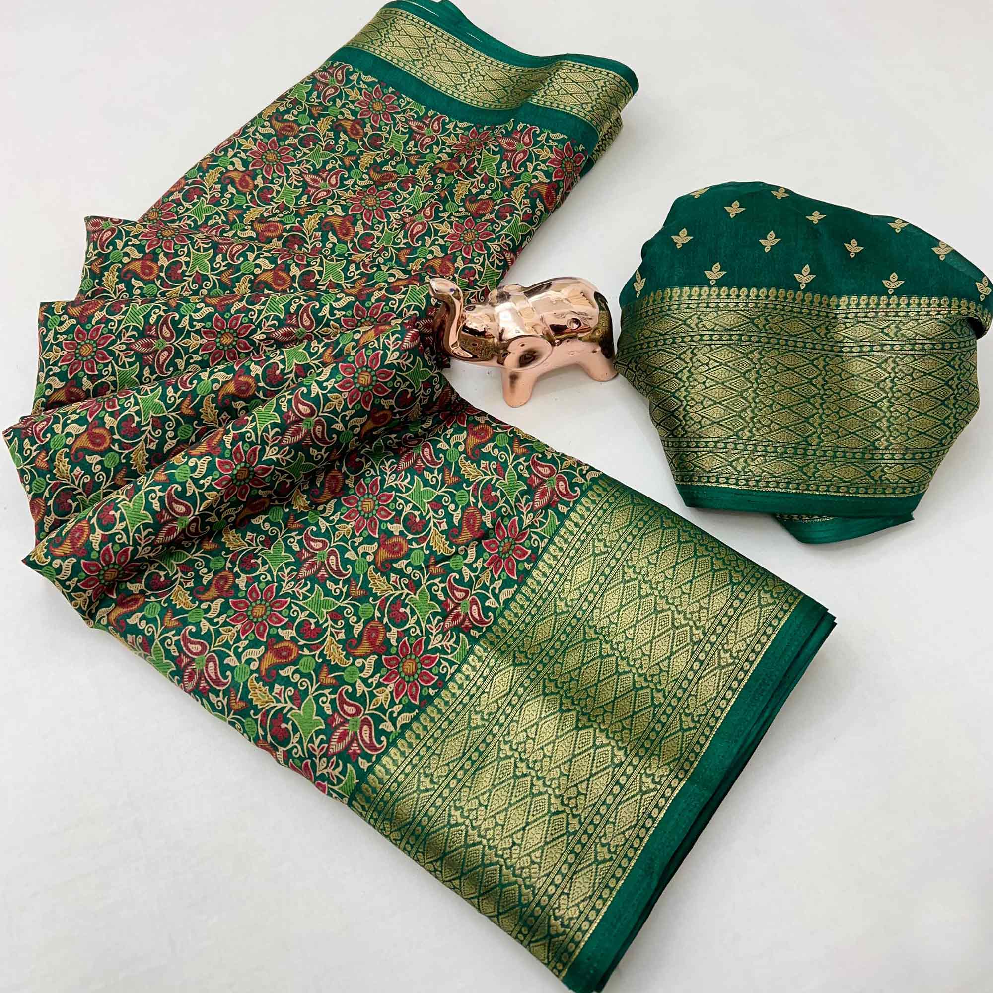 Green Kashmiri Floral Printed Dola Silk Saree With Kalamkari Pallu & Rich Zari Weaving Border