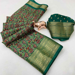 Green Kashmiri Floral Printed Dola Silk Saree With Kalamkari Pallu & Rich Zari Weaving Border