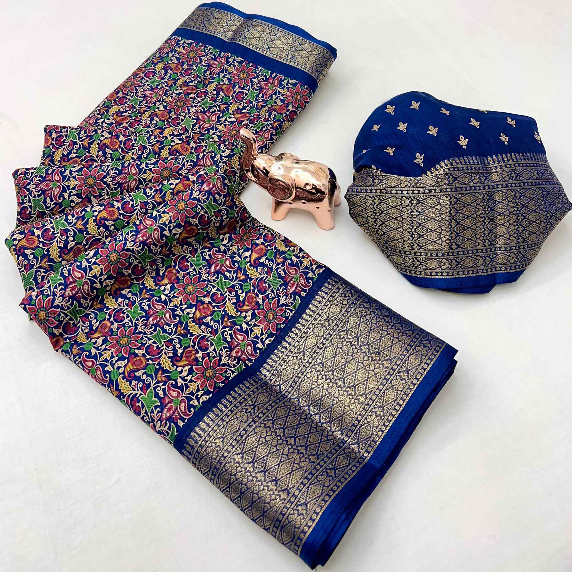 Navy Blue Kashmiri Floral Printed Dola Silk Saree With Kalamkari Pallu & Rich Zari Weaving Border