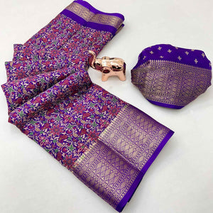 Purple Kashmiri Floral Printed Dola Silk Saree With Kalamkari Pallu & Rich Zari Weaving Border