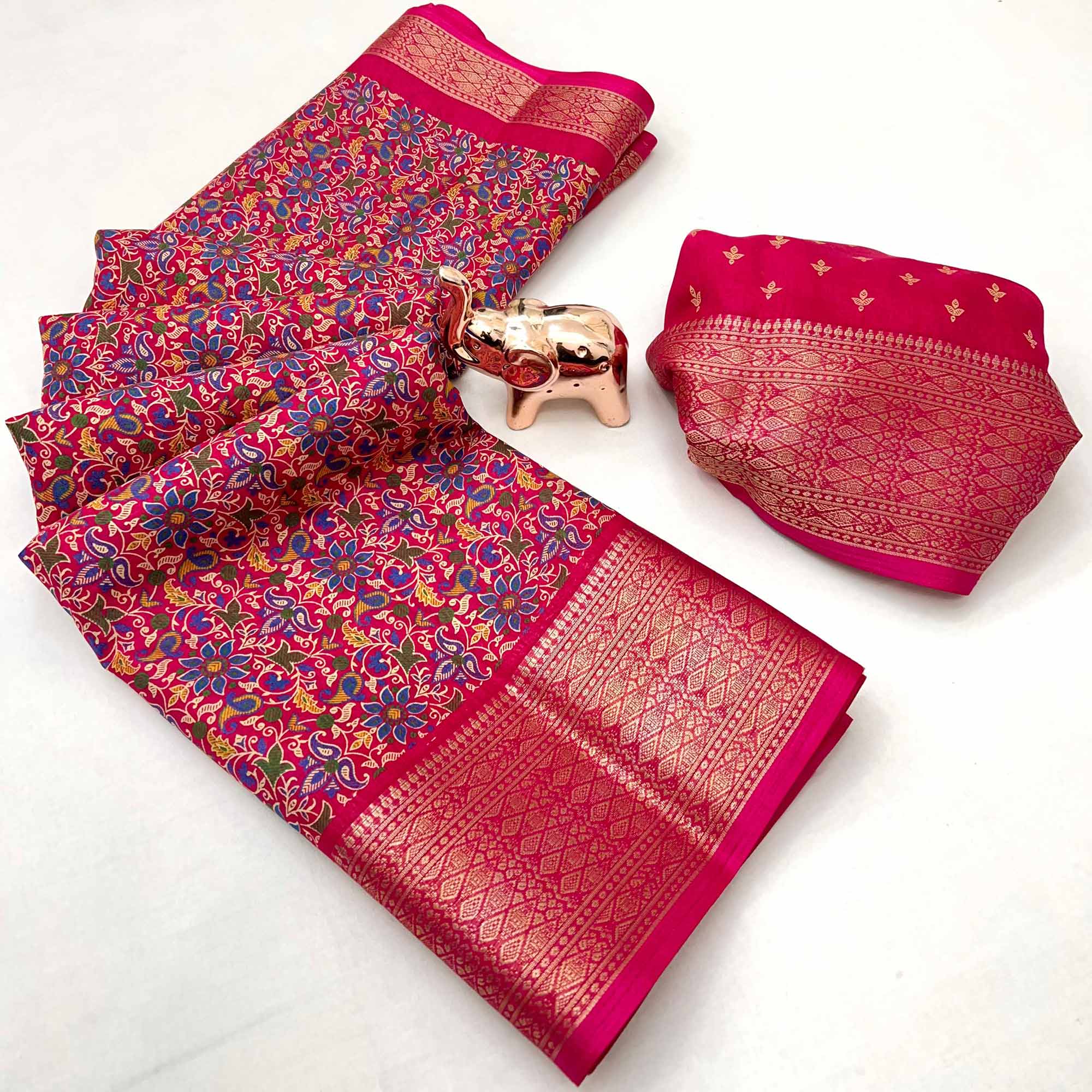 Rani Pink Kashmiri Floral Printed Dola Silk Saree With Kalamkari Pallu & Rich Zari Weaving Border