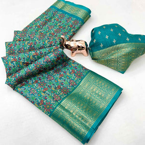 Turquoise Kashmiri Floral Printed Dola Silk Saree With Kalamkari Pallu & Rich Zari Weaving Border